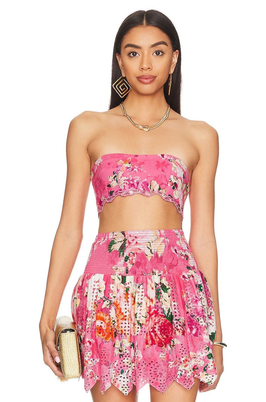 Hemant & Nandita Top Floral Bandeau Linen Blend Summer Boho Vacation Work XL